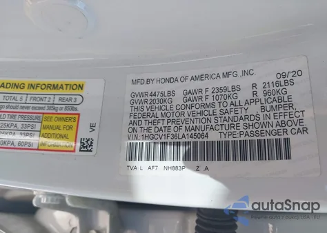 2020 Honda Accord Sport from USA, damaged, VIN 1HGCV1F36LA145064